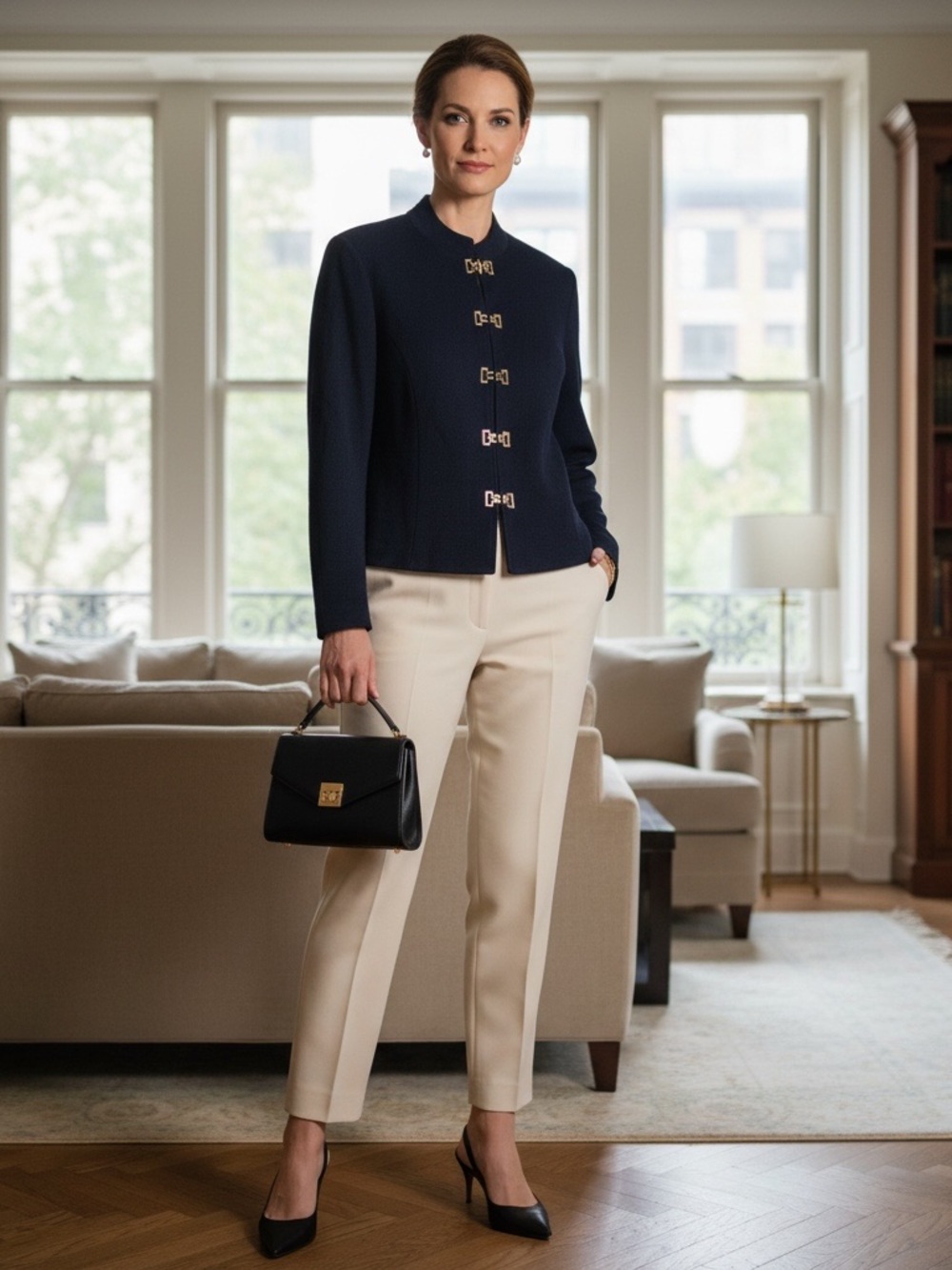St. John Knit Cardigan Jacket Women’s Sz 12 Old Money Classic Elegant Navy Wool